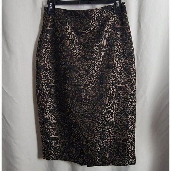 Worthington sz 4 Lace Overlay gold Pencil Skirt black gold zip up vintage EUC - Picture 2 of 8